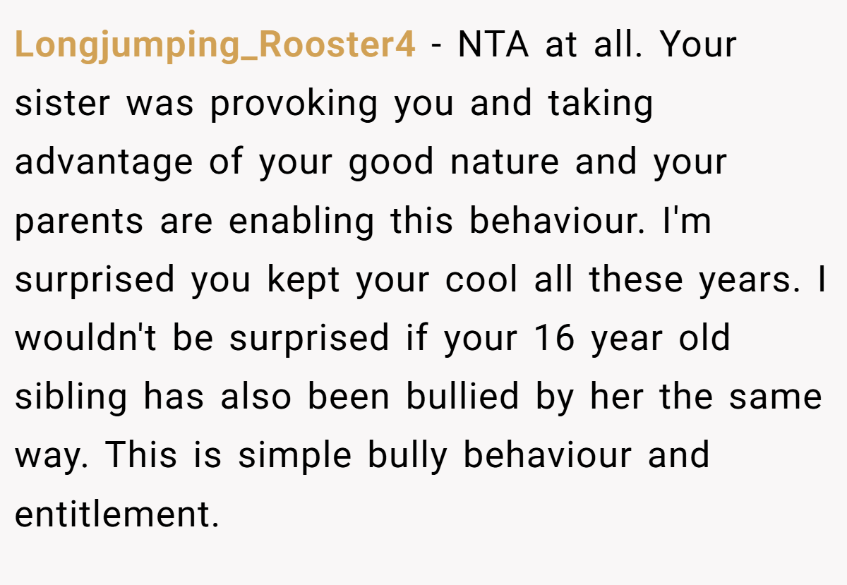 Longjumping_Rooster4 - NTA at all. Your sister was provoking you and taking advantage of your good nature and your parents are enabling this behaviour. I'm surprised you kept your cool all these years. I wouldn't be surprised if your 16 year old sibling has also been bullied by her the same way. This is simple bully behaviour and entitlement.
