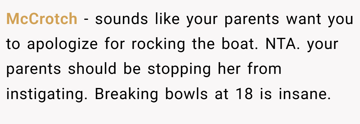 McCrotch - sounds like your parents want you to apologize for rocking the boat. NTA. your parents should be stopping her from instigating. Breaking bowls at 18 is insane.