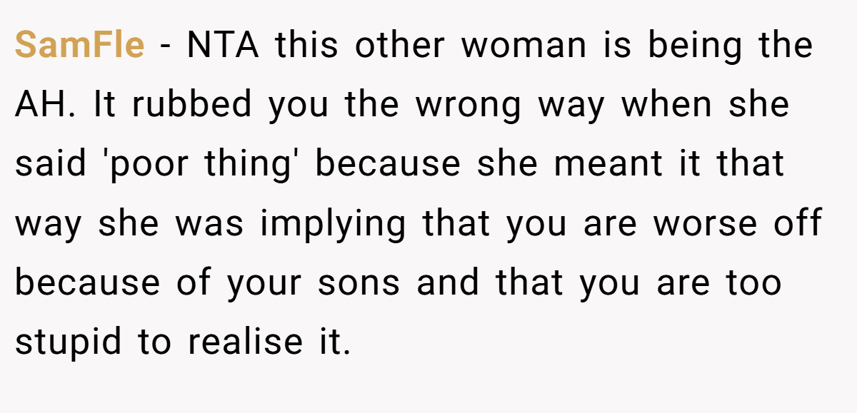 SamFle − NTA this other woman is being the AH. It rubbed you the wrong way when she said 'poor thing' because she meant it that way she was implying that you are worse off because of your sons and that you are too stupid to realise it.