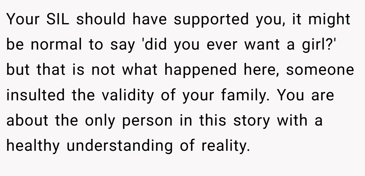 Your SIL should have supported you, it might be normal to say 'did you ever want a girl?' but that is not what happened here, someone insulted the validity of your family. You are about the only person in this story with a healthy understanding of reality.