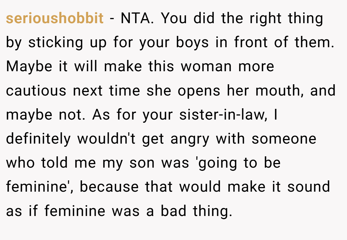 serioushobbit − NTA. You did the right thing by sticking up for your boys in front of them. Maybe it will make this woman more cautious next time she opens her mouth, and maybe not. As for your sister-in-law, I definitely wouldn't get angry with someone who told me my son was 'going to be feminine', because that would make it sound as if feminine was a bad thing.
