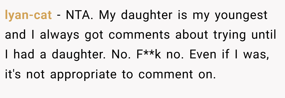 lyan-cat − NTA. My daughter is my youngest and I always got comments about trying until I had a daughter. No. F**k no. Even if I was, it's not appropriate to comment on.