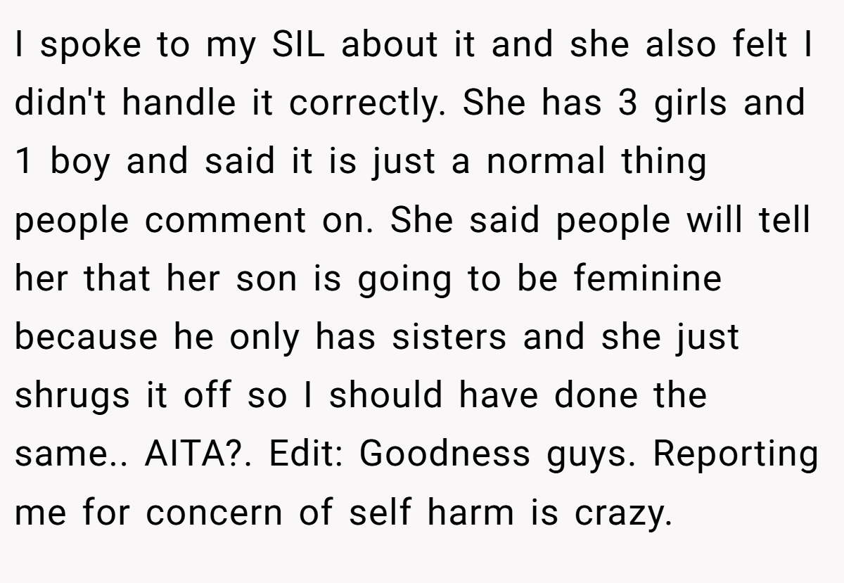 I spoke to my SIL about it and she also felt I didn't handle it correctly. She has 3 girls and 1 boy and said it is just a normal thing people comment on. She said people will tell her that her son is going to be feminine because he only has sisters and she just shrugs it off so I should have done the same.. AITA?. Edit: Goodness guys. Reporting me for concern of self harm is crazy.