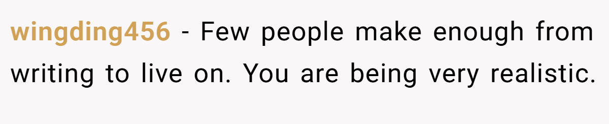 wingding456 − Few people make enough from writing to live on. You are being very realistic.