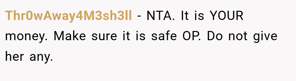 Thr0wAway4M3sh3ll − NTA. It is YOUR money. Make sure it is safe OP. Do not give her any.