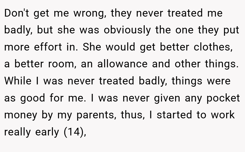 Don't get me wrong, they never treated me badly, but she was obviously the one they put more effort in. She would get better clothes, a better room, an allowance and other things. While I was never treated badly, things were as good for me. I was never given any pocket money by my parents, thus, I started to work really early (14),