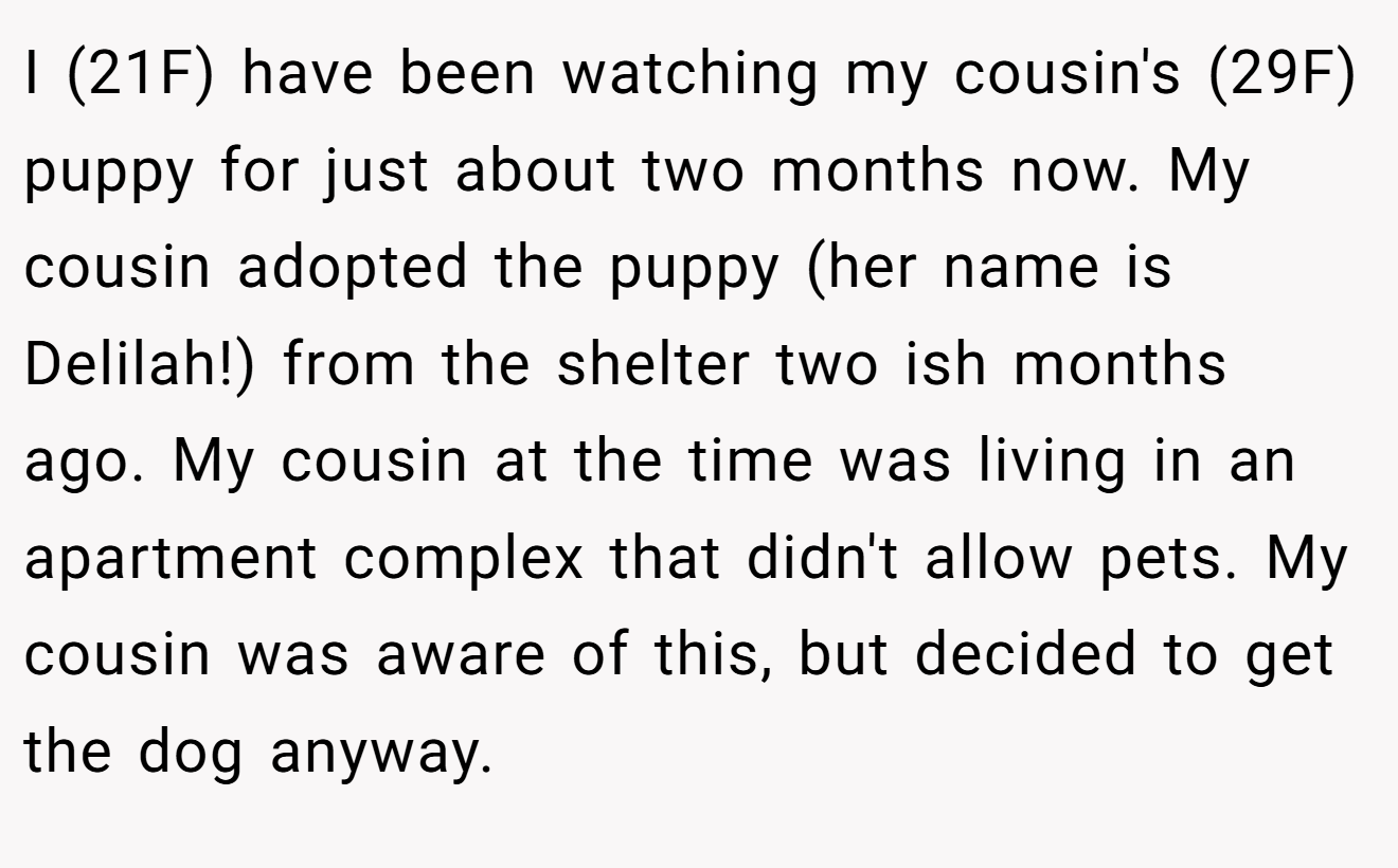 I (21F) have been watching my cousin's (29F) puppy for just about two months now. My cousin adopted the puppy (her name is Delilah!) from the shelter two ish months ago. My cousin at the time was living in an apartment complex that didn't allow pets. My cousin was aware of this, but decided to get the dog anyway.