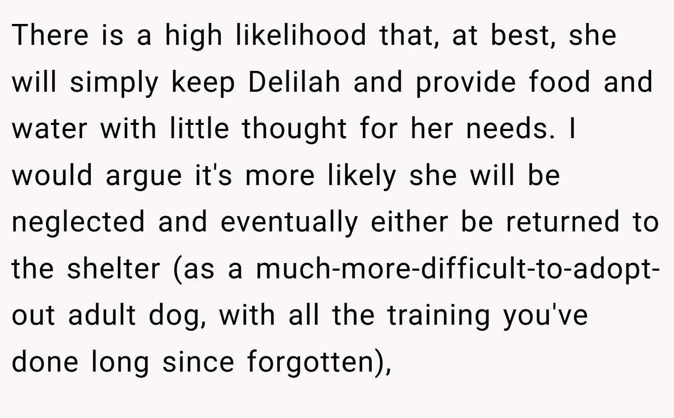 There is a high likelihood that, at best, she will simply keep Delilah and provide food and water with little thought for her needs. I would argue it's more likely she will be neglected and eventually either be returned to the shelter (as a much-more-difficult-to-adopt-out adult dog, with all the training you've done long since forgotten),