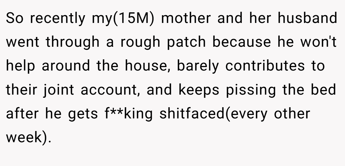 So recently my(15M) mother and her husband went through a rough patch because he won't help around the house, barely contributes to their joint account, and keeps pissing the bed after he gets f**king shitfaced(every other week).
