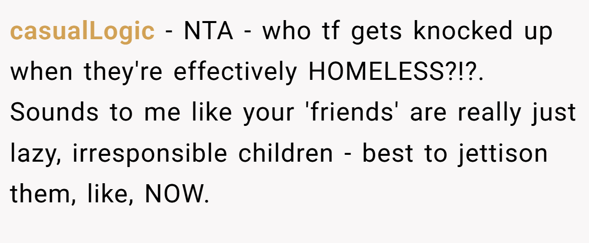 casualLogic − NTA - who tf gets knocked up when they're effectively HOMELESS?!?. Sounds to me like your 'friends' are really just lazy, irresponsible children - best to jettison them, like, NOW.