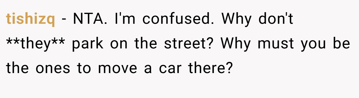 tishizq − NTA. I'm confused. Why don't **they** park on the street? Why must you be the ones to move a car there?