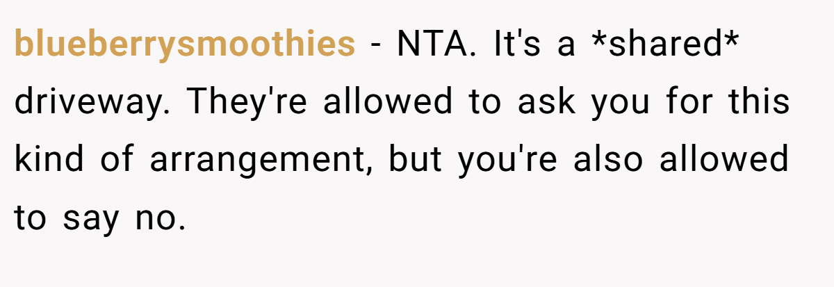 blueberrysmoothies − NTA. It's a *shared* driveway. They're allowed to ask you for this kind of arrangement, but you're also allowed to say no.