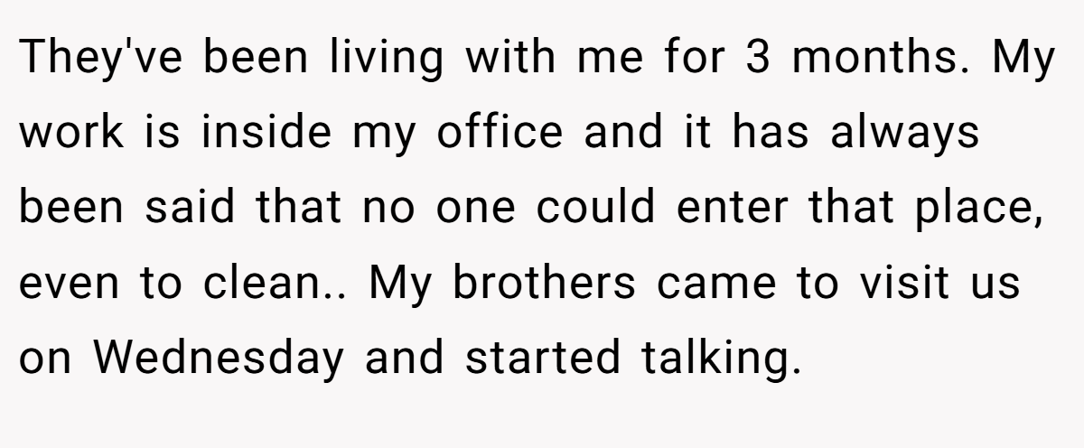 They've been living with me for 3 months. My work is inside my office and it has always been said that no one could enter that place, even to clean.. My brothers came to visit us on Wednesday and started talking.