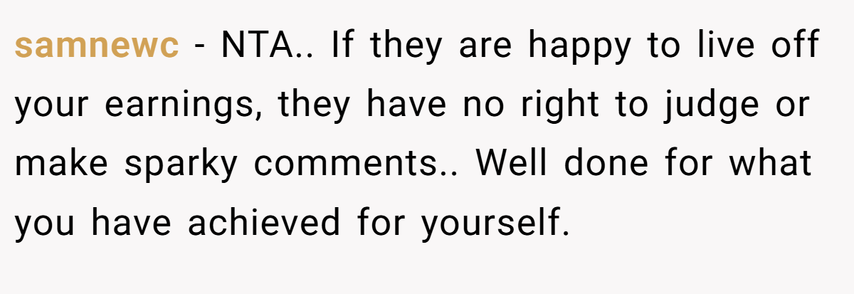 samnewc − NTA.. If they are happy to live off your earnings, they have no right to judge or make sparky comments.. Well done for what you have achieved for yourself.