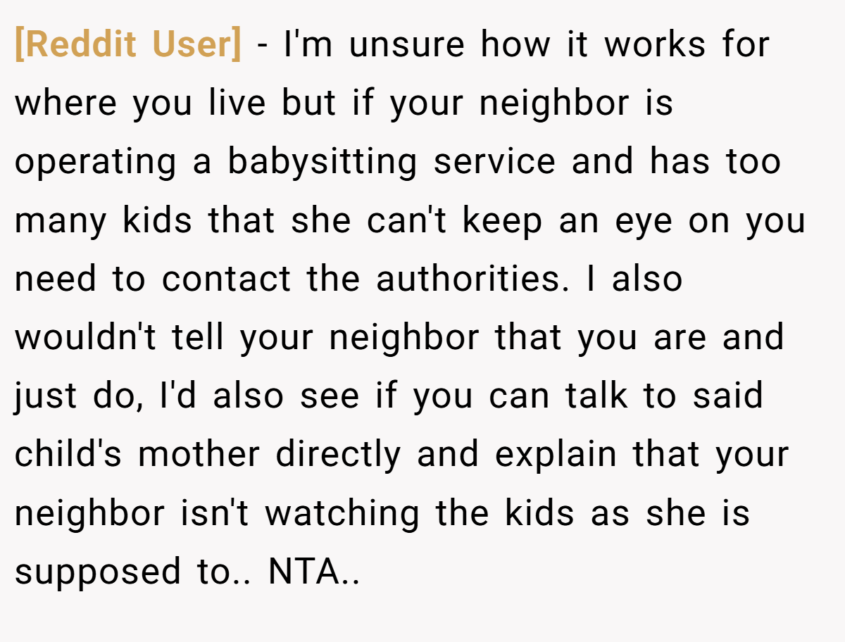 [Reddit User] − I'm unsure how it works for where you live but if your neighbor is operating a babysitting service and has too many kids that she can't keep an eye on you need to contact the authorities. I also wouldn't tell your neighbor that you are and just do, I'd also see if you can talk to said child's mother directly and explain that your neighbor isn't watching the kids as she is supposed to.. NTA..