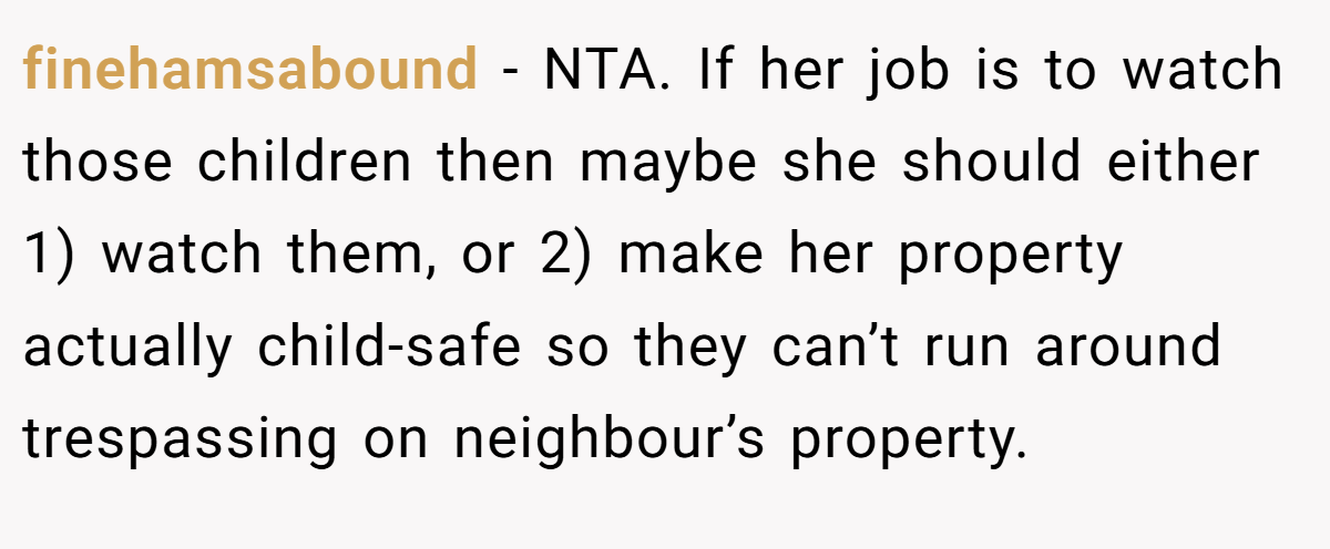 finehamsabound − NTA. If her job is to watch those children then maybe she should either 1) watch them, or 2) make her property actually child-safe so they can’t run around trespassing on neighbour’s property.