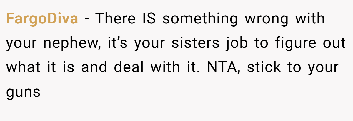 FargoDiva − There IS something wrong with your nephew, it’s your sisters job to figure out what it is and deal with it. NTA, stick to your guns