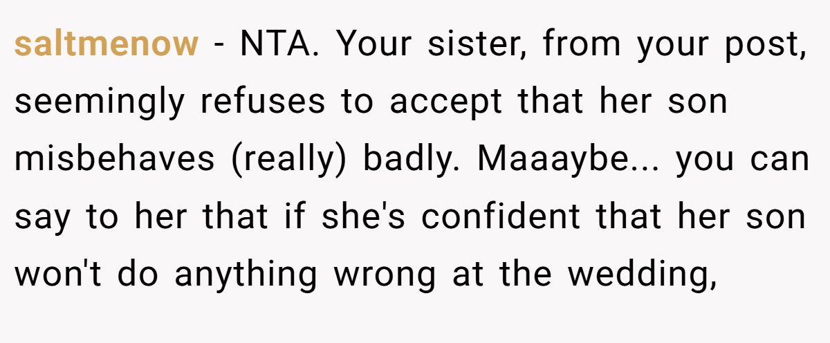 saltmenow − NTA. Your sister, from your post, seemingly refuses to accept that her son misbehaves (really) badly. Maaaybe... you can say to her that if she's confident that her son won't do anything wrong at the wedding,