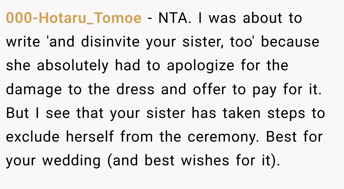 000-Hotaru_Tomoe − NTA. I was about to write 'and disinvite your sister, too' because she absolutely had to apologize for the damage to the dress and offer to pay for it. But I see that your sister has taken steps to exclude herself from the ceremony. Best for your wedding (and best wishes for it).
