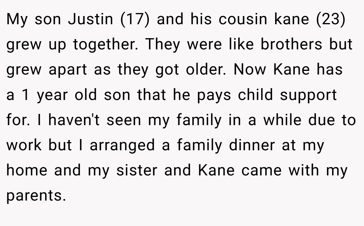 My son Justin (17) and his cousin kane (23) grew up together. They were like brothers but grew apart as they got older. Now Kane has a 1 year old son that he pays child support for. I haven't seen my family in a while due to work but I arranged a family dinner at my home and my sister and Kane came with my parents.