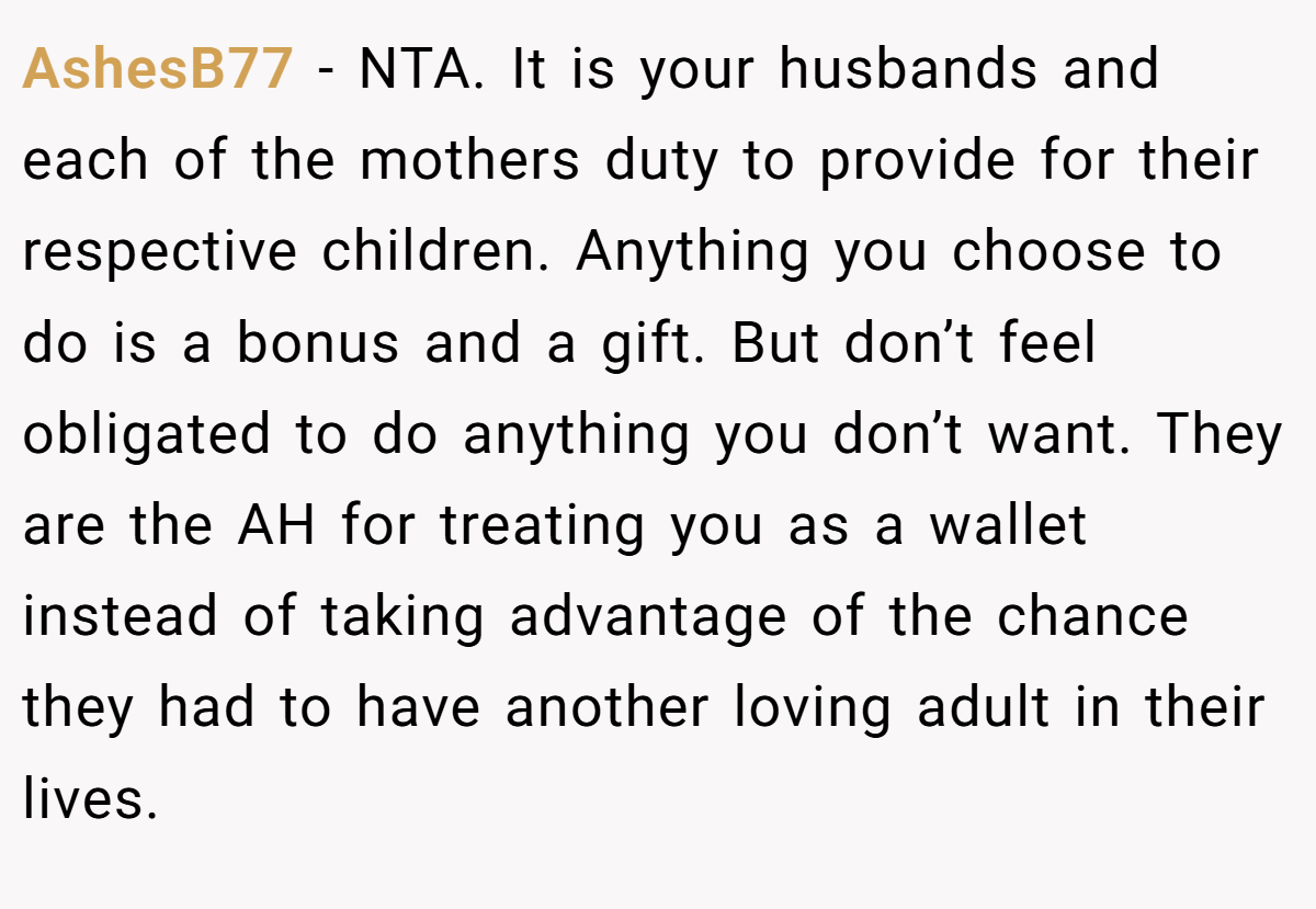 AshesB77 − NTA. It is your husbands and each of the mothers duty to provide for their respective children. Anything you choose to do is a bonus and a gift. But don’t feel obligated to do anything you don’t want. They are the AH for treating you as a wallet instead of taking advantage of the chance they had to have another loving adult in their lives.