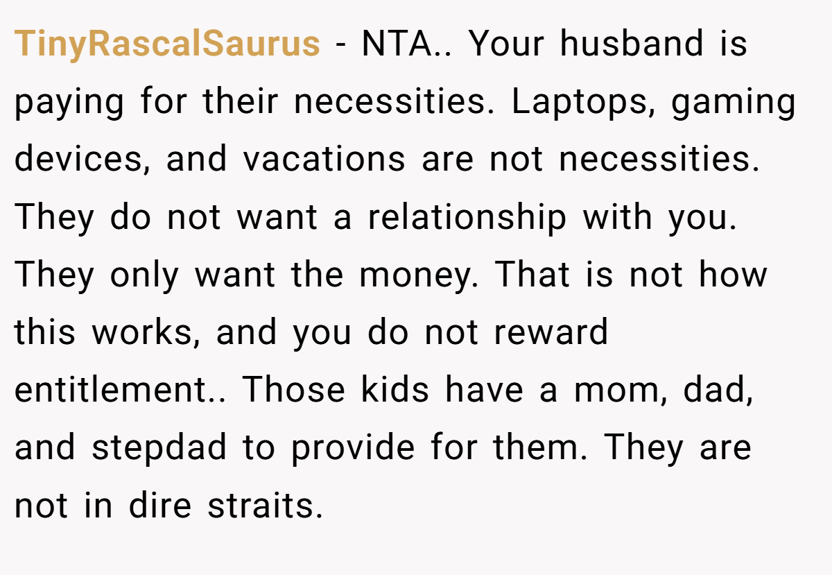 TinyRascalSaurus − NTA.. Your husband is paying for their necessities. Laptops, gaming devices, and vacations are not necessities. They do not want a relationship with you. They only want the money. That is not how this works, and you do not reward entitlement.. Those kids have a mom, dad, and stepdad to provide for them. They are not in dire straits.