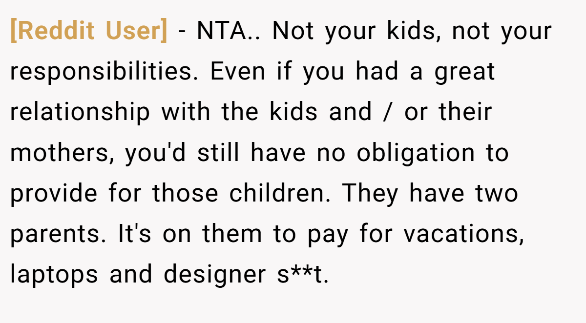 [Reddit User] − NTA.. Not your kids, not your responsibilities. Even if you had a great relationship with the kids and / or their mothers, you'd still have no obligation to provide for those children. They have two parents. It's on them to pay for vacations, laptops and designer s**t.