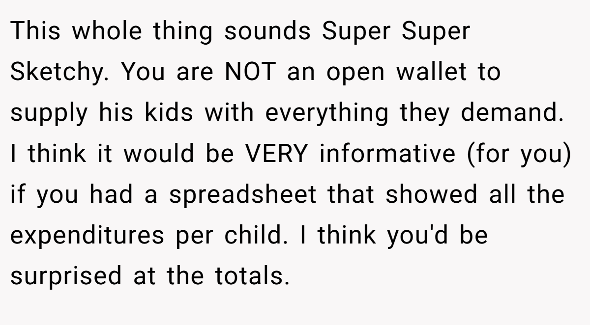 This whole thing sounds Super Super Sketchy. You are NOT an open wallet to supply his kids with everything they demand. I think it would be VERY informative (for you) if you had a spreadsheet that showed all the expenditures per child. I think you'd be surprised at the totals.