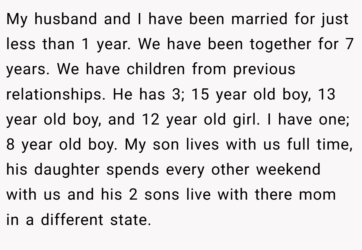 My husband and I have been married for just less than 1 year. We have been together for 7 years. We have children from previous relationships. He has 3; 15 year old boy, 13 year old boy, and 12 year old girl. I have one; 8 year old boy. My son lives with us full time, his daughter spends every other weekend with us and his 2 sons live with there mom in a different state.