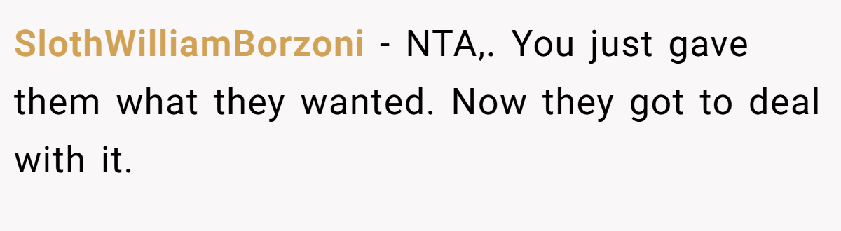 SlothWilliamBorzoni - NTA,. You just gave them what they wanted. Now they got to deal with it.