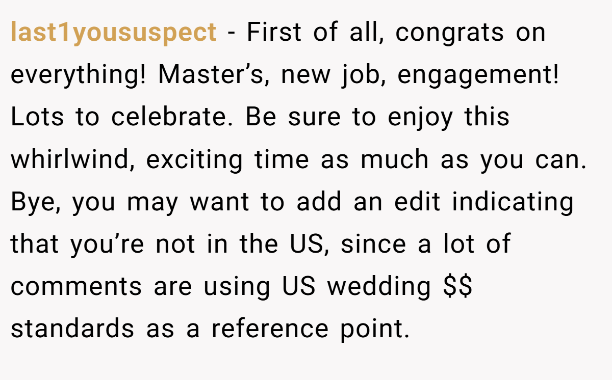 last1yoususpect - First of all, congrats on everything! Master’s, new job, engagement! Lots to celebrate. Be sure to enjoy this whirlwind, exciting time as much as you can. Bye, you may want to add an edit indicating that you’re not in the US, since a lot of comments are using US wedding $$ standards as a reference point.