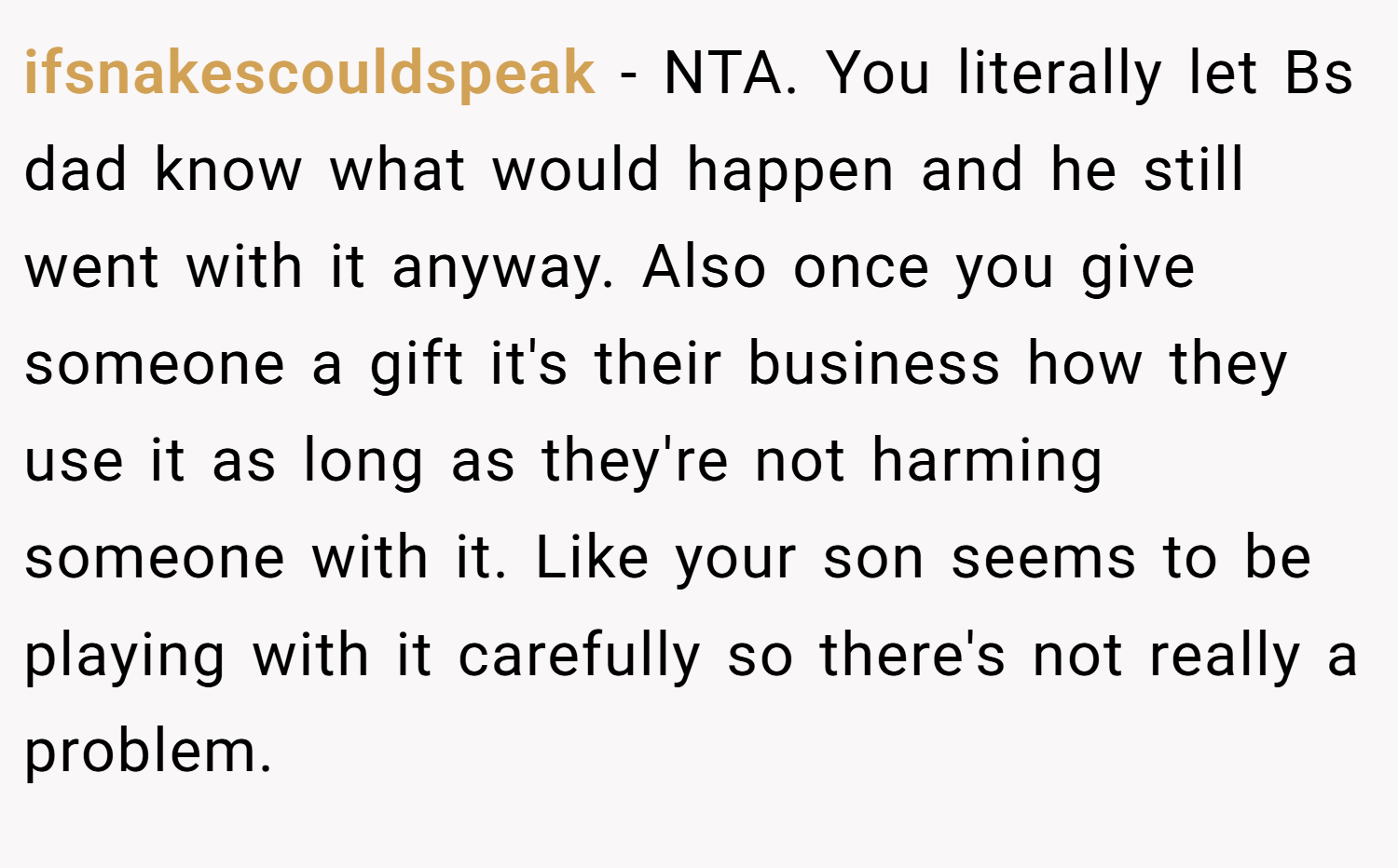 ifsnakescouldspeak − NTA. You literally let Bs dad know what would happen and he still went with it anyway. Also once you give someone a gift it's their business how they use it as long as they're not harming someone with it. Like your son seems to be playing with it carefully so there's not really a problem.