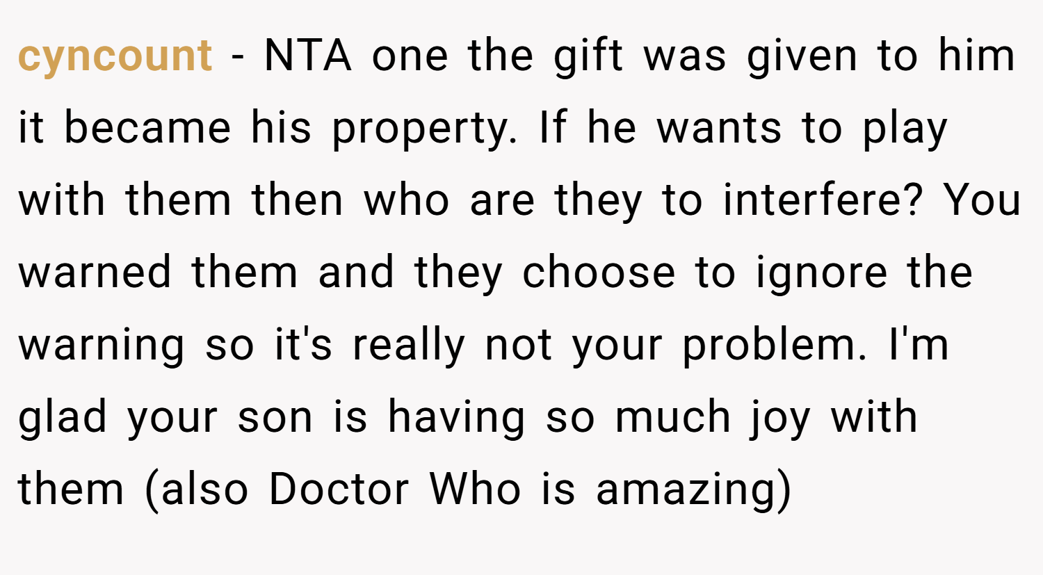 cyncount − NTA one the gift was given to him it became his property. If he wants to play with them then who are they to interfere? You warned them and they choose to ignore the warning so it's really not your problem. I'm glad your son is having so much joy with them (also Doctor Who is amazing)