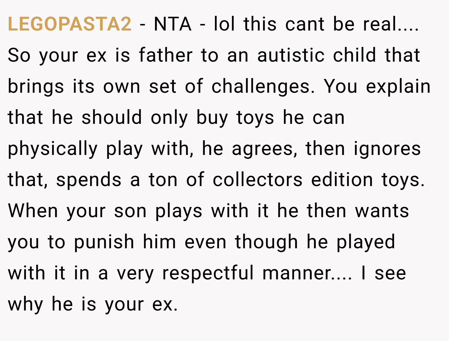LEGOPASTA2 − NTA - lol this cant be real.... So your ex is father to an autistic child that brings its own set of challenges. You explain that he should only buy toys he can physically play with, he agrees, then ignores that, spends a ton of collectors edition toys. When your son plays with it he then wants you to punish him even though he played with it in a very respectful manner.... I see why he is your ex.