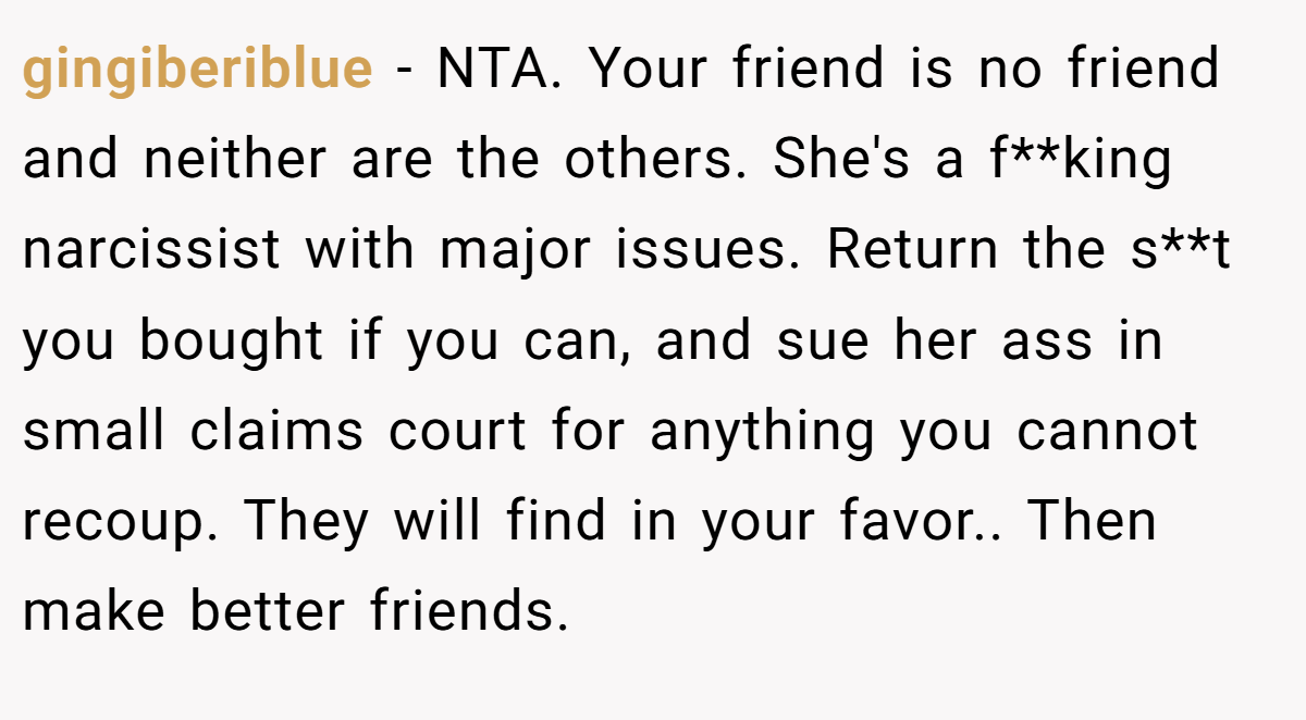 gingiberiblue − NTA. Your friend is no friend and neither are the others. She's a f**king narcissist with major issues. Return the s**t you bought if you can, and sue her ass in small claims court for anything you cannot recoup. They will find in your favor.. Then make better friends.