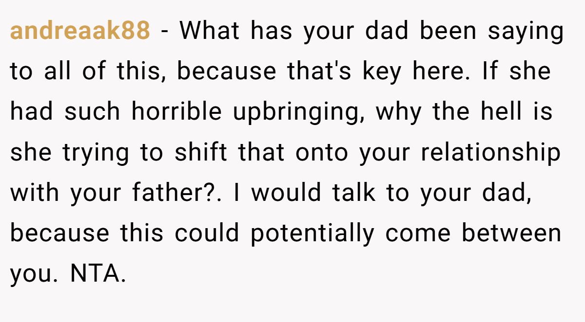 andreaak88 − What has your dad been saying to all of this, because that's key here. If she had such horrible upbringing, why the hell is she trying to shift that onto your relationship with your father?. I would talk to your dad, because this could potentially come between you. NTA.