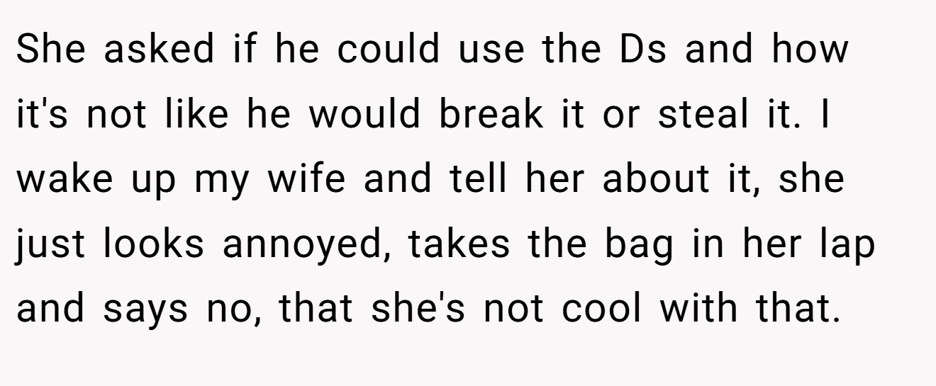 She asked if he could use the Ds and how it's not like he would break it or steal it. I wake up my wife and tell her about it, she just looks annoyed, takes the bag in her lap and says no, that she's not cool with that.
