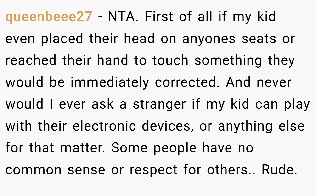 queenbeee27 - NTA. First of all if my kid even placed their head on anyones seats or reached their hand to touch something they would be immediately corrected. And never would I ever ask a stranger if my kid can play with their electronic devices, or anything else for that matter. Some people have no common sense or respect for others.. Rude.