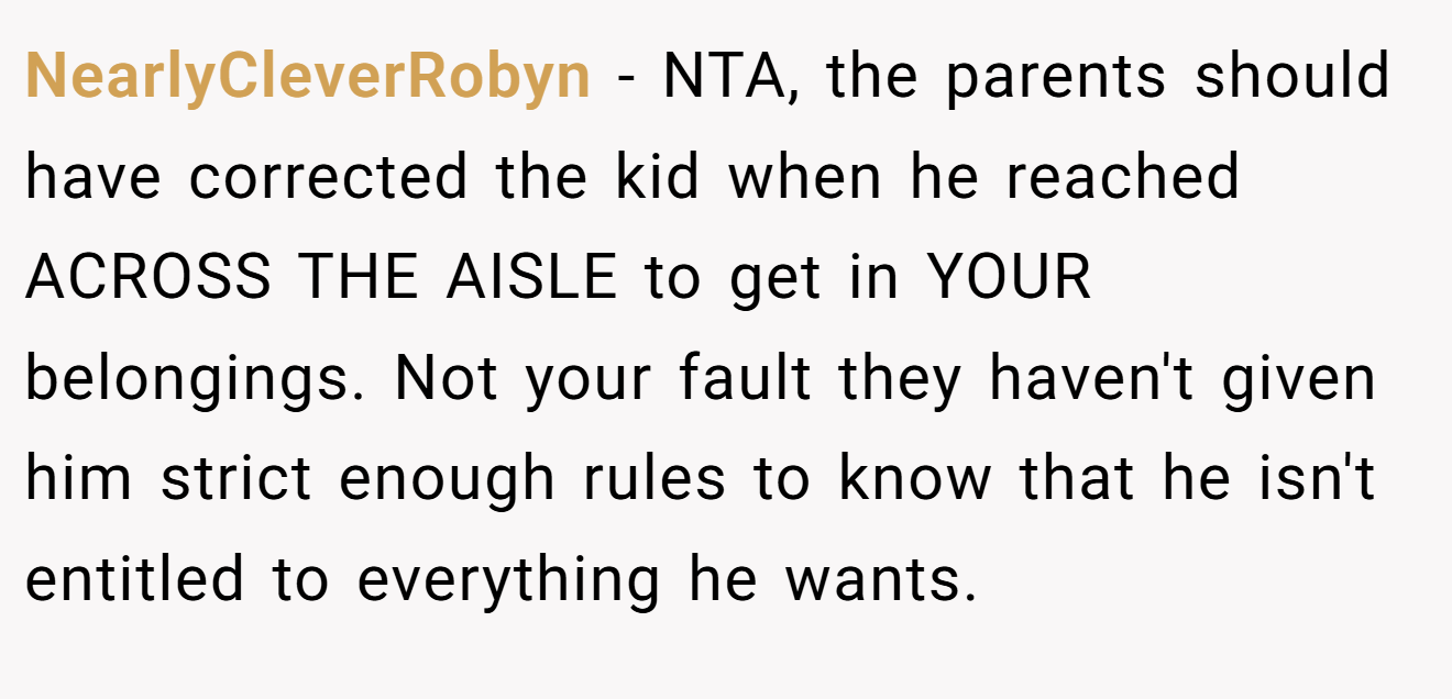 NearlyCleverRobyn - NTA, the parents should have corrected the kid when he reached ACROSS THE AISLE to get in YOUR belongings. Not your fault they haven't given him strict enough rules to know that he isn't entitled to everything he wants.