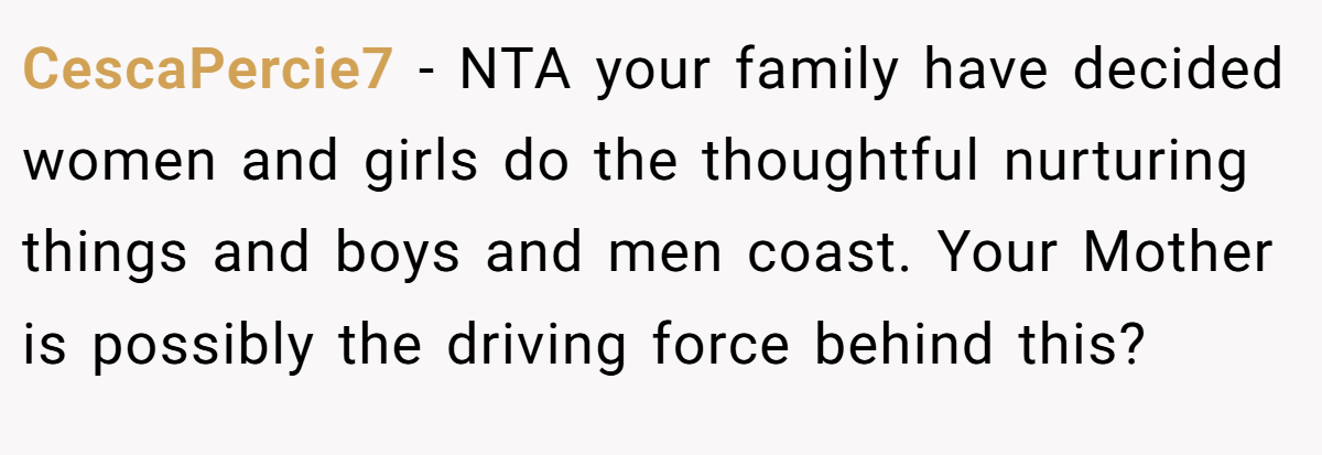 CescaPercie7 − NTA your family have decided women and girls do the thoughtful nurturing things and boys and men coast. Your Mother is possibly the driving force behind this?