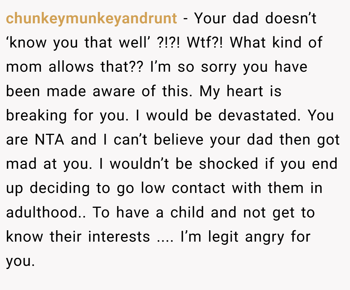 chunkeymunkeyandrunt − Your dad doesn’t ‘know you that well’ ?!?! Wtf?! What kind of mom allows that?? I’m so sorry you have been made aware of this. My heart is breaking for you. I would be devastated. You are NTA and I can’t believe your dad then got mad at you. I wouldn’t be shocked if you end up deciding to go low contact with them in adulthood.. To have a child and not get to know their interests .... I’m legit angry for you.