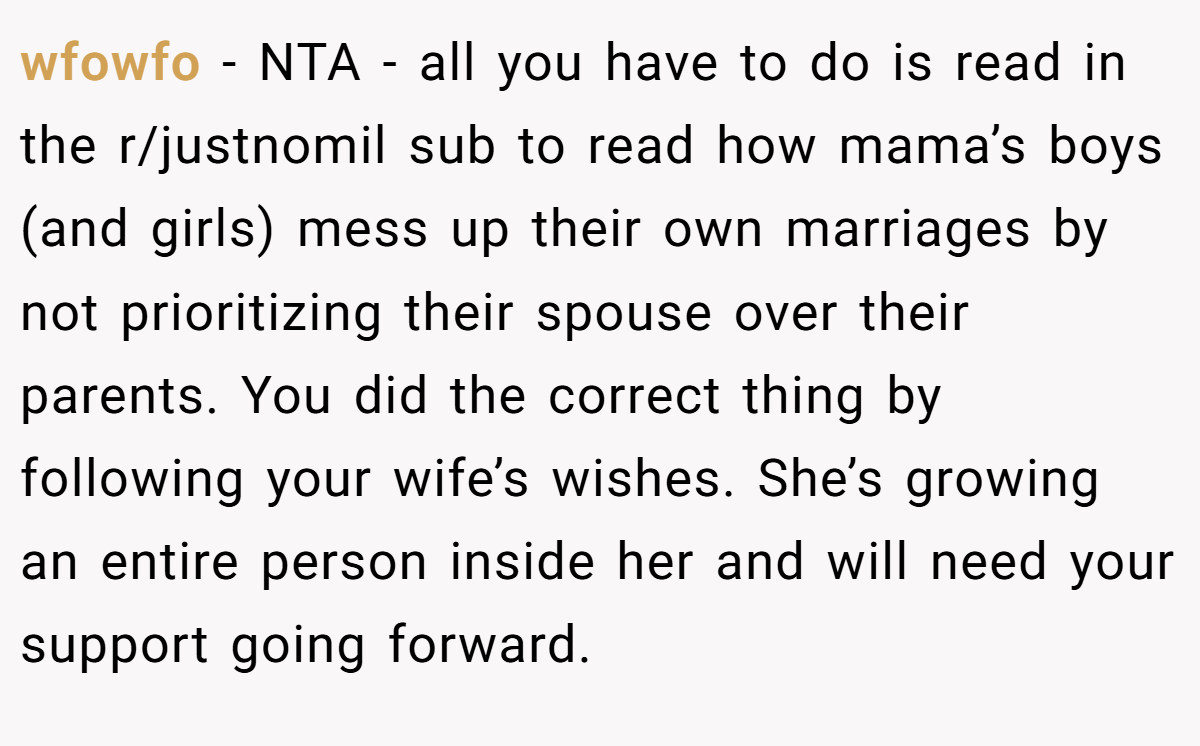 wfowfo − NTA - all you have to do is read in the r/justnomil sub to read how mama’s boys (and girls) mess up their own marriages by not prioritizing their spouse over their parents. You did the correct thing by following your wife’s wishes. She’s growing an entire person inside her and will need your support going forward.