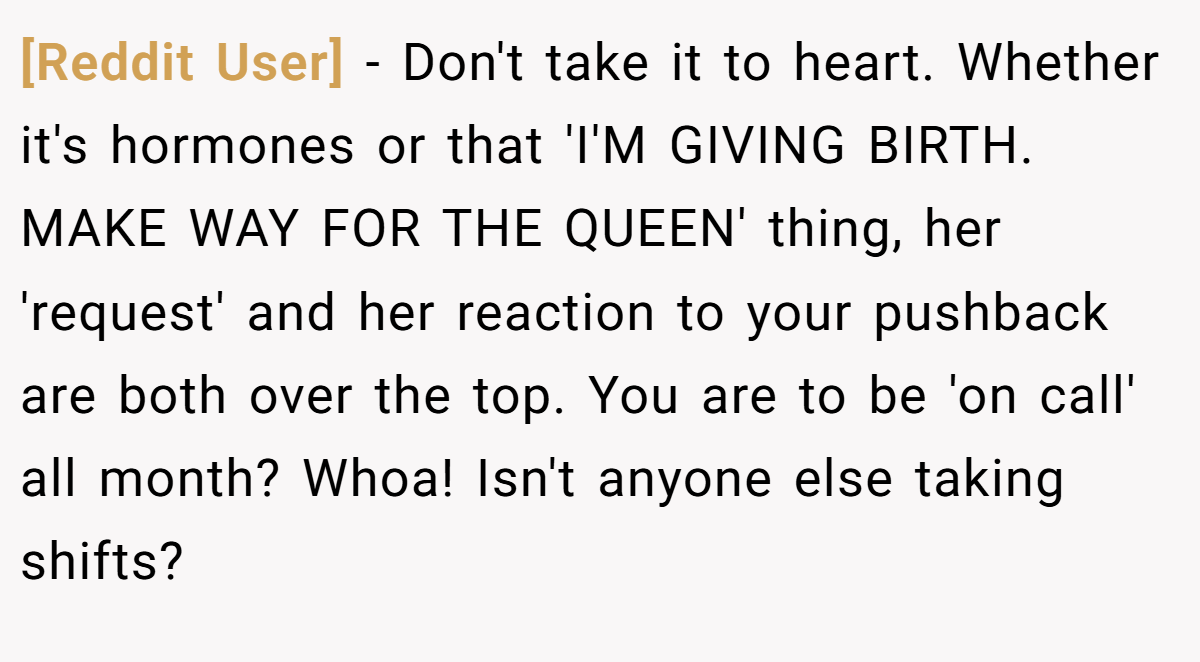 [Reddit User] - Don't take it to heart. Whether it's hormones or that 'I'M GIVING BIRTH. MAKE WAY FOR THE QUEEN' thing, her 'request' and her reaction to your pushback are both over the top. You are to be 'on call' all month? Whoa! Isn't anyone else taking shifts?