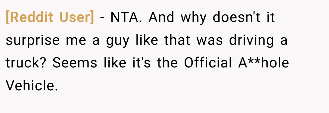 [Reddit User] - NTA. And why doesn't it surprise me a guy like that was driving a truck? Seems like it's the Official A**hole Vehicle.