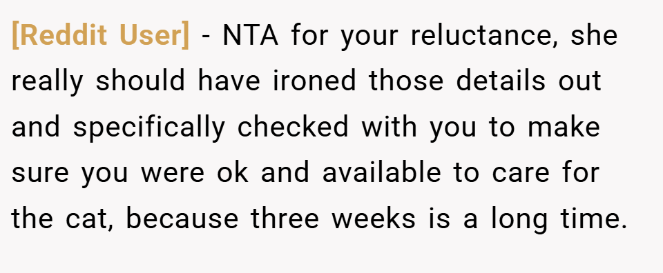 [Reddit User] − NTA for your reluctance, she really should have ironed those details out and specifically checked with you to make sure you were ok and available to care for the cat, because three weeks is a long time.