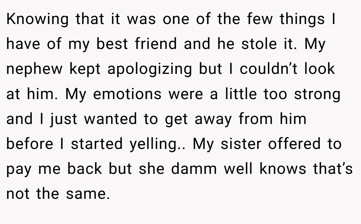Knowing that it was one of the few things I have of my best friend and he stole it. My nephew kept apologizing but I couldn’t look at him. My emotions were a little too strong and I just wanted to get away from him before I started yelling.. My sister offered to pay me back but she damm well knows that’s not the same.