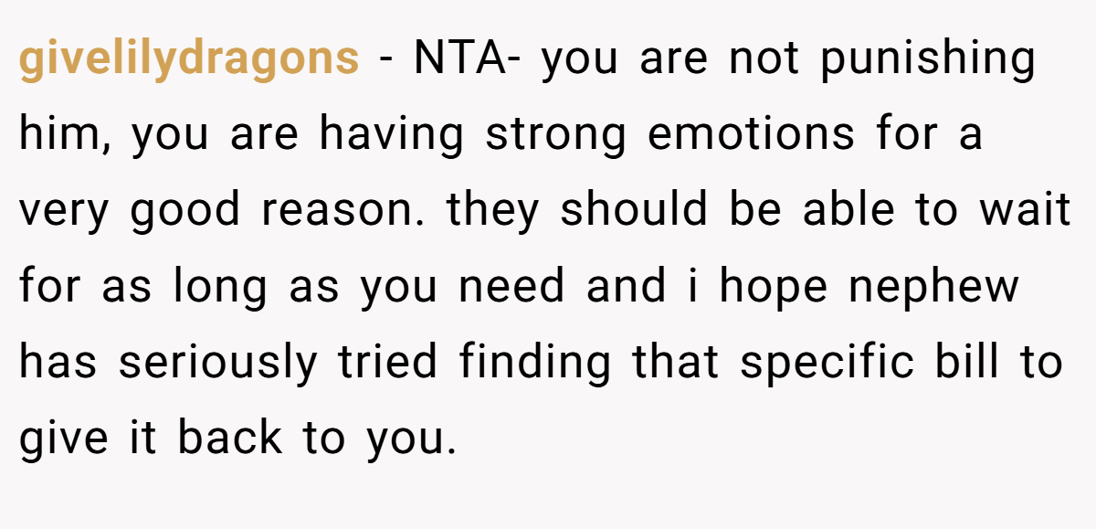 givelilydragons − NTA- you are not punishing him, you are having strong emotions for a very good reason. they should be able to wait for as long as you need and i hope nephew has seriously tried finding that specific bill to give it back to you.