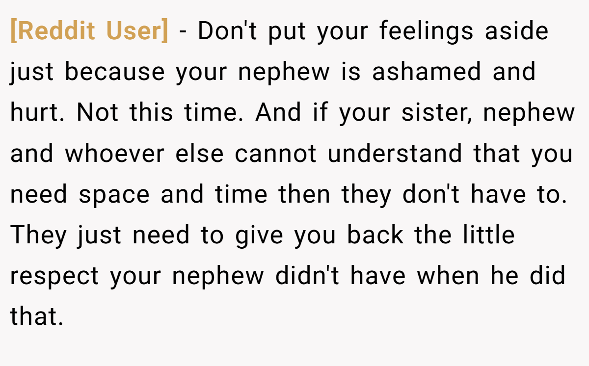 [Reddit User] − Don't put your feelings aside just because your nephew is ashamed and hurt. Not this time. And if your sister, nephew and whoever else cannot understand that you need space and time then they don't have to. They just need to give you back the little respect your nephew didn't have when he did that.