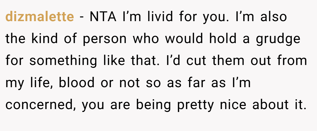 dizmalette − NTA I’m livid for you. I’m also the kind of person who would hold a grudge for something like that. I’d cut them out from my life, blood or not so as far as I’m concerned, you are being pretty nice about it.