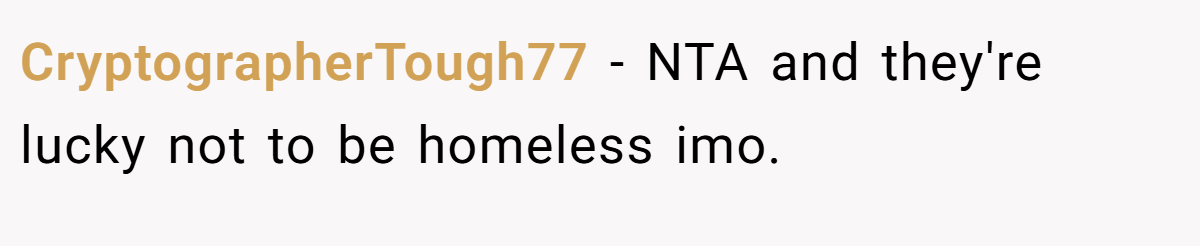 CryptographerTough77 − NTA and they're lucky not to be homeless imo.